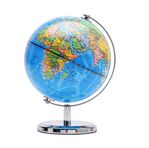 Exerz 14CM Globo Terráqueo - en Inglés - Decoración de escritorio educativa/geográfica/moderna - Con una base de metal (Azul Político)