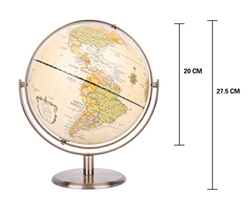 Exerz 20cm Globo Antiguo - Soporte de Metal Color Bronceado- Mapa de Ingles- Globo Terráqueo Rotación en 360 ° en Todas Las direcciones - Decoración/Educativo/geográfico - la Escuela/hogar