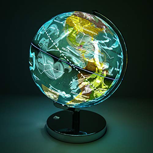 Exerz 23cm Globo terráqueo Iluminado- Soporte de Metal - Mapa de Ingles - Lámpara LED 2 en 1 iluminada sin Cable - Mapa político/ Estrella de constelación - Día y Noche (23cm)