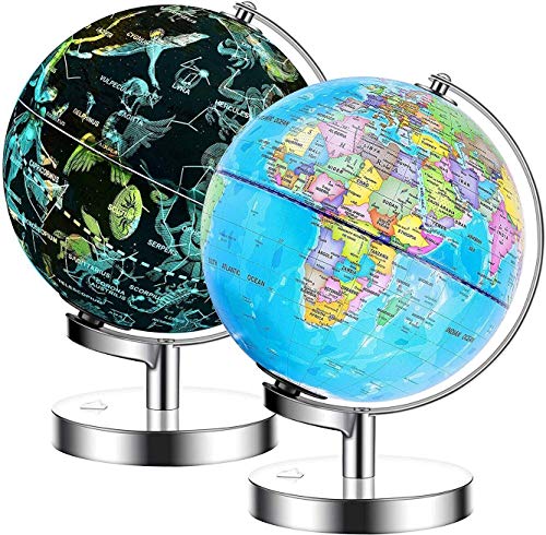 Exerz 23cm Globo terráqueo Iluminado- Soporte de Metal - Mapa de Ingles - Lámpara LED 2 en 1 iluminada sin Cable - Mapa político/ Estrella de constelación - Día y Noche (23cm)