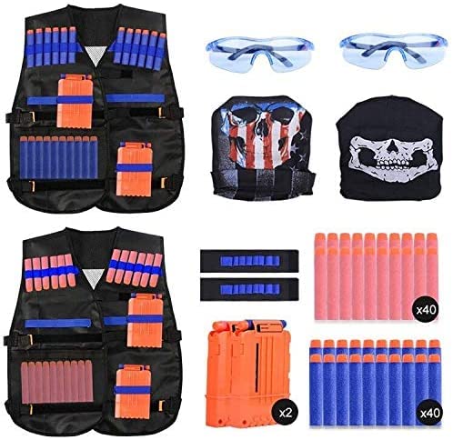 EXTSUD Chaleco Táctico Niños Elite Tactical Chaleco para N-Strike Elite Series con 80 Piezas de Recarga de Dardos, 2 Clips de Recarga, 2 Máscaras Tácticas, 2 Muñequeras y 2 Gafas Protectoras