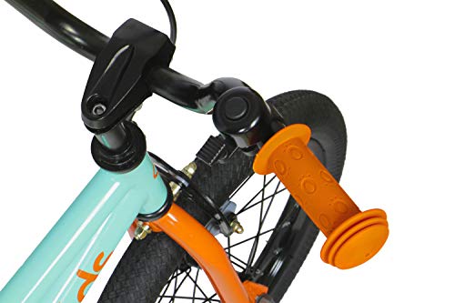 FabricBike Kids - Bicicleta con Pedales para niño y niña, Ruedines de Entrenamiento Desmontables, Frenos, Ruedas 12 y 16 Pulgadas, 4 Colores (Aqua & Orange, 16": 3-7 Años (Estatura 96cm - 120cm))