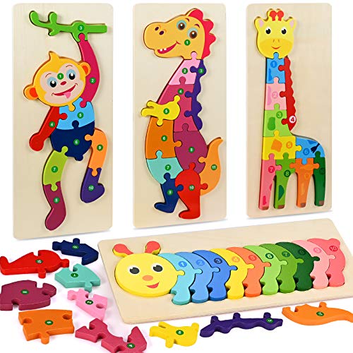 Fabu 4pz Puzzles de Madera Educativos para Bebé niños 3 4 5 6 años, Rompecabezas de Madera Bebe Puzzle Bebé Preescolar Juguetes Regalos Material Seguro Regalo de cumpleaños Navidad