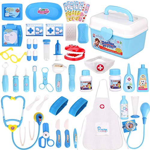 Fabur 49 Piezas Maletín de Médico de Juguete, Juego de rol Médico Dentista Enfermera Kit Clínica Dental Juego para Niños Fingir Juego Herramientas Juguete Set Regalos para Niños (Azul)