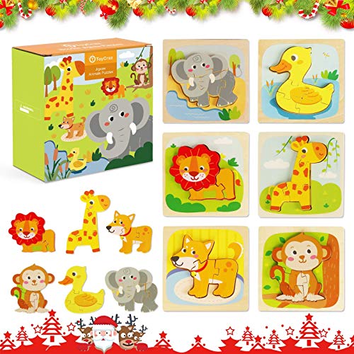 Fansteck 6pcs Puzzle Madera, Juguetes Montessoris, Puzzle Bebé, Rompecabezas de Madera Bebe, Juego Educativo Bebé para Niños 3 4 5 6 Años Aprendizaje Temprano Regalo de Cumpleaños Material Seguro