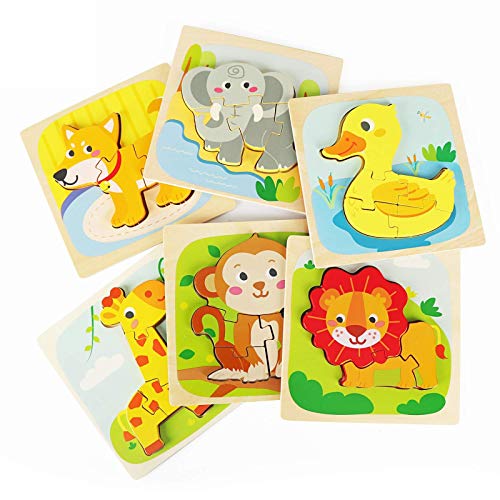 Fansteck 6pcs Puzzle Madera, Juguetes Montessoris, Puzzle Bebé, Rompecabezas de Madera Bebe, Juego Educativo Bebé para Niños 3 4 5 6 Años Aprendizaje Temprano Regalo de Cumpleaños Material Seguro