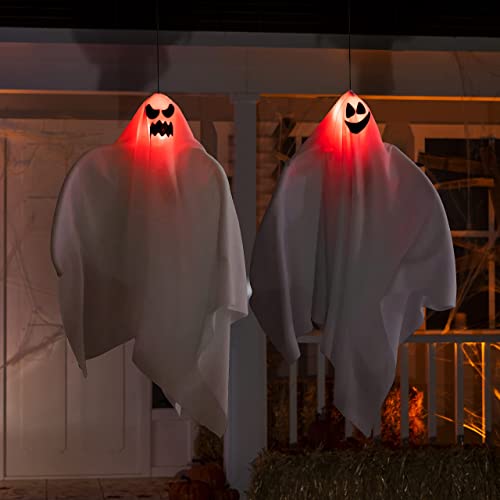 Fantasma Colgante Iluminado de Halloween (2 Pack), Lindos Fantasmas Voladores de 70 cm para Decoración de Fiesta de Halloween en Jardín, Patio