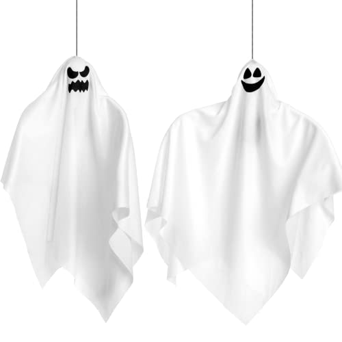 Fantasma Colgante Iluminado de Halloween (2 Pack), Lindos Fantasmas Voladores de 70 cm para Decoración de Fiesta de Halloween en Jardín, Patio