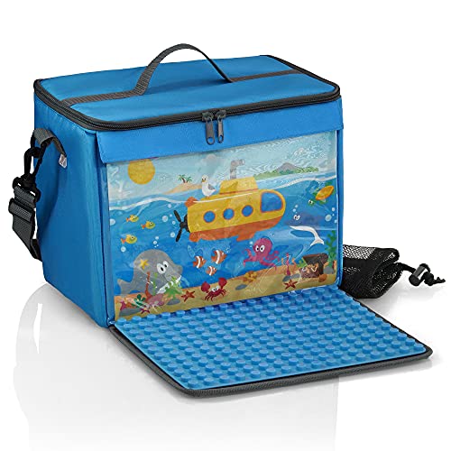 fantifant Bolsa para bloques de construcción con placa de construcción plegable, color azul marino, tamaño XL, compatible con grandes bloques de construcción como Lego Duplo | incluye bolsa de red