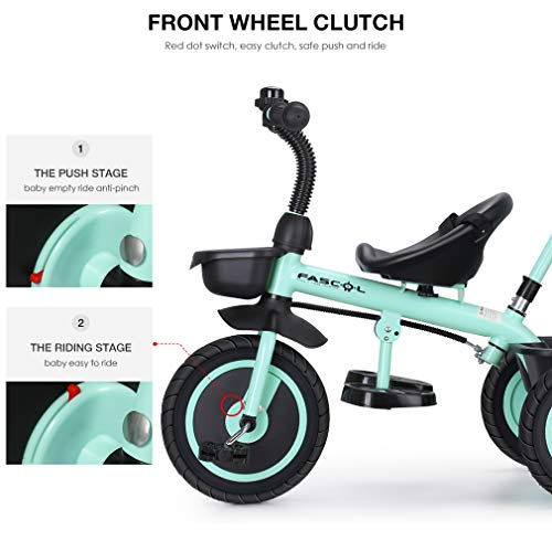 FASCOL Triciclo Bebé con Barra Telescópica Extraíble Smart Bicicleta para Niños, Asiento Ajustable , Ruedas de Gomas y Conducción Silenciosa, 18 Meses - 5 Años,hasta 30KG (Verde)