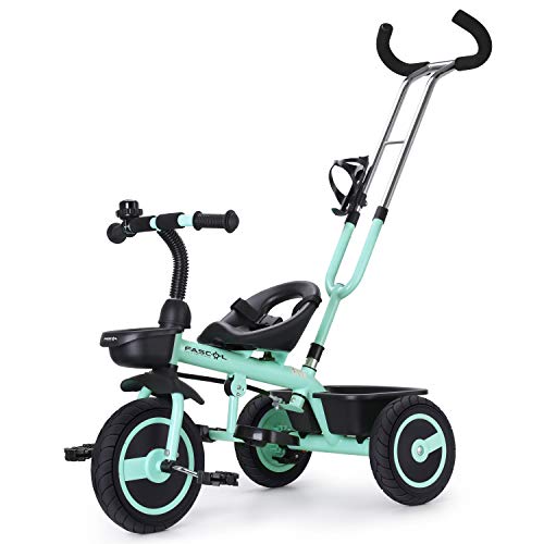 FASCOL Triciclo Bebé con Barra Telescópica Extraíble Smart Bicicleta para Niños, Asiento Ajustable , Ruedas de Gomas y Conducción Silenciosa, 18 Meses - 5 Años,hasta 30KG (Verde)