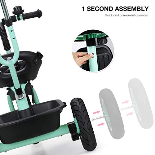 FASCOL Triciclo Bebé con Barra Telescópica Extraíble Smart Bicicleta para Niños, Asiento Ajustable , Ruedas de Gomas y Conducción Silenciosa, 18 Meses - 5 Años,hasta 30KG (Verde)