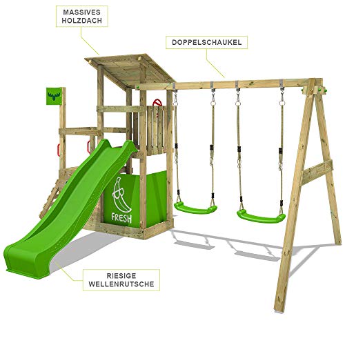 FATMOOSE Parque infantil de madera FruityForest con columpio y tobogán manzana verde, Torre de escalada de exterior con arenero y escalera para niños