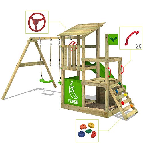 FATMOOSE Parque infantil de madera FruityForest con columpio y tobogán manzana verde, Torre de escalada de exterior con arenero y escalera para niños