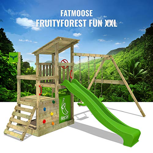 FATMOOSE Parque infantil de madera FruityForest con columpio y tobogán manzana verde, Torre de escalada de exterior con arenero y escalera para niños