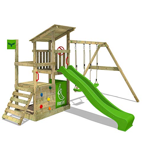 FATMOOSE Parque infantil de madera FruityForest con columpio y tobogán manzana verde, Torre de escalada de exterior con arenero y escalera para niños