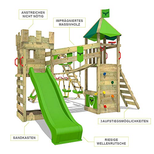 FATMOOSE Parque infantil de madera RiverRun con columpio SurfSwing y tobogán manzana verde, Casa de juegos de jardín con arenero y escalera para niños