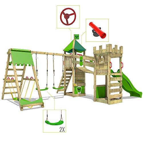 FATMOOSE Parque infantil de madera RiverRun con columpio SurfSwing y tobogán manzana verde, Casa de juegos de jardín con arenero y escalera para niños