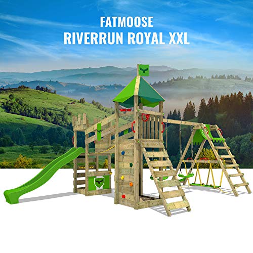 FATMOOSE Parque infantil de madera RiverRun con columpio SurfSwing y tobogán manzana verde, Casa de juegos de jardín con arenero y escalera para niños