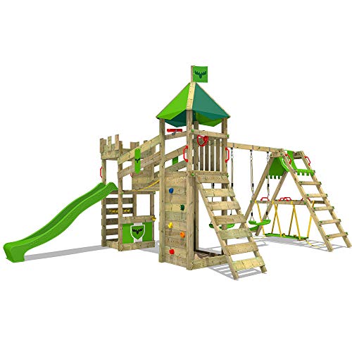 FATMOOSE Parque infantil de madera RiverRun con columpio SurfSwing y tobogán manzana verde, Casa de juegos de jardín con arenero y escalera para niños