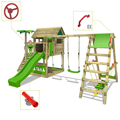 FATMOOSE Parque infantil de madera TikaTaka con columpio SurfSwing y tobogán manzana verde, Casa sobre pilares de exterior con arenero y escalera para niños