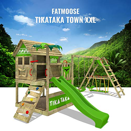 FATMOOSE Parque infantil de madera TikaTaka con columpio SurfSwing y tobogán manzana verde, Casa sobre pilares de exterior con arenero y escalera para niños