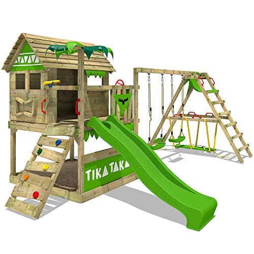 FATMOOSE Parque infantil de madera TikaTaka con columpio SurfSwing y tobogán manzana verde, Casa sobre pilares de exterior con arenero y escalera para niños