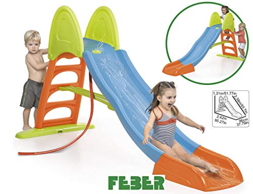 FEBER - Super Mega Slide, Tobogán de colores luminosos rampa curva y conexión de agua, resistente y seguro, con pasamanos y escaleras antideslizantes, pequeños desde 3 años, FAMOSA (800009594)