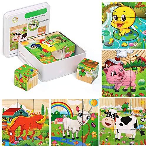 Felly Puzzles de Madera Montessori, Rompecabezas Juegos Niños 2 3 4 Años, 6 en 1 Bloque de Animales de Madera Juguetes Educativo para Bebe Niñas, Regalo de Cumpleaños, Navidad (9 Piezas)