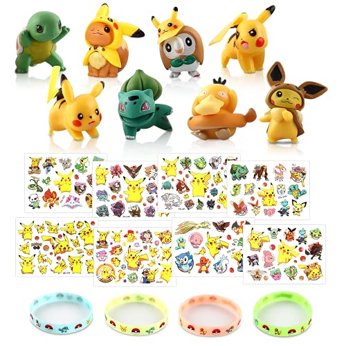 Figuras pokemon Monster,8 mini figuras pokemon pikachu, 12 Figuritas Pulsera de Silicona, 8 Hojas Tatuajes Temporales para Niños Niñas,Cake Topper,Regalo de Decor Fiesta Para Niños