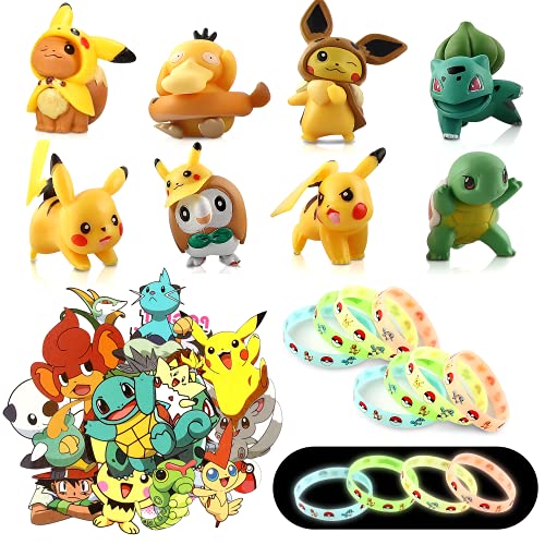 Figuras pokemon Monster,8 mini figuras pokemon pikachu, 12 Figuritas Pulsera de Silicona, 8 Hojas Tatuajes Temporales para Niños Niñas,Cake Topper,Regalo de Decor Fiesta Para Niños