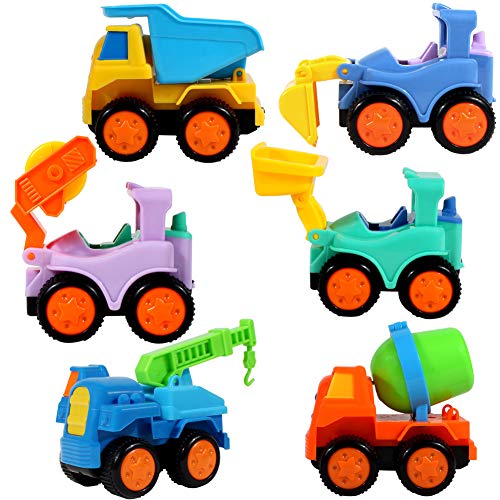 fiouni Empuje y Vaya Fricción Powered Truck Cars Juguetes Set para 1 2 3 4 5 años para bebés y niñas 6 Piezas de excavadoras, grúas, volquetes, Rodillos, bulldozers, Camiones mezcladores