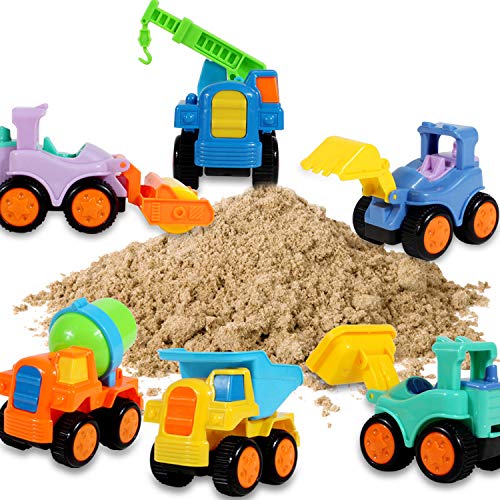 fiouni Empuje y Vaya Fricción Powered Truck Cars Juguetes Set para 1 2 3 4 5 años para bebés y niñas 6 Piezas de excavadoras, grúas, volquetes, Rodillos, bulldozers, Camiones mezcladores