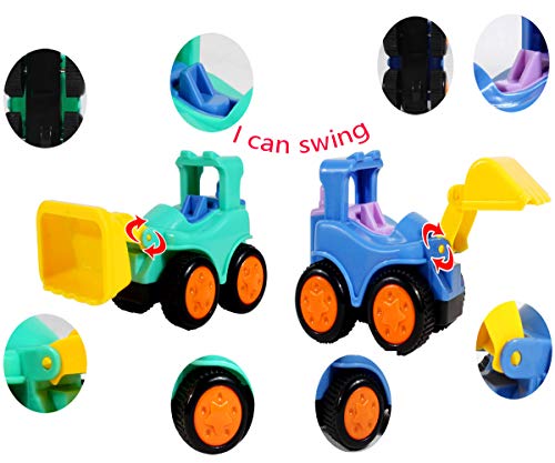 fiouni Empuje y Vaya Fricción Powered Truck Cars Juguetes Set para 1 2 3 4 5 años para bebés y niñas 6 Piezas de excavadoras, grúas, volquetes, Rodillos, bulldozers, Camiones mezcladores