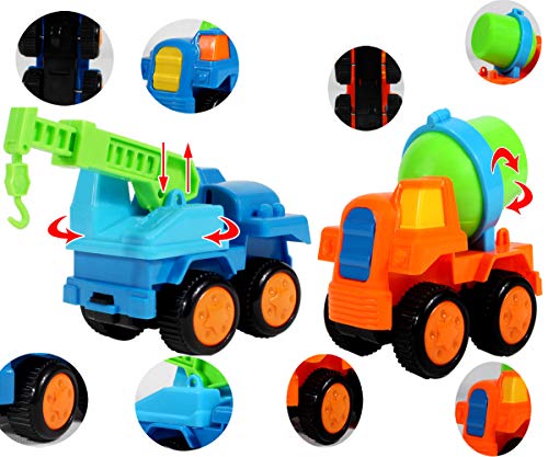 fiouni Empuje y Vaya Fricción Powered Truck Cars Juguetes Set para 1 2 3 4 5 años para bebés y niñas 6 Piezas de excavadoras, grúas, volquetes, Rodillos, bulldozers, Camiones mezcladores