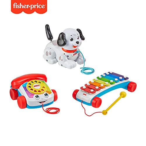 Fisher-Price Set 3 juguetes clásicos de arrastre, Teléfono carita divertida, Pequeño Snoopy y Xilófono, para bebés + 6 meses (Mattel GVF68)