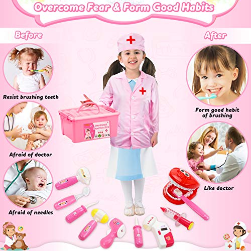 Fivejoy 43 Piezas Juguete del Doctor para Niños, Doctora de Juguetes, Maletín Medico Juguete Doctora Cosplay Juguetes, Juego de rol Regalos para Niños Mayores de 3 años con Accesorios, Asa (Rosa)