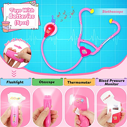 Fivejoy 43 Piezas Juguete del Doctor para Niños, Doctora de Juguetes, Maletín Medico Juguete Doctora Cosplay Juguetes, Juego de rol Regalos para Niños Mayores de 3 años con Accesorios, Asa (Rosa)