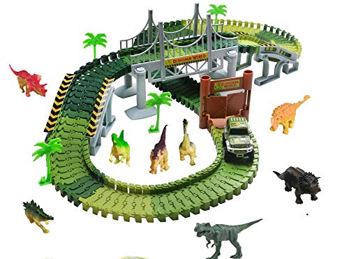 Flybiz Pista Coches Juguetes 142pcs Flexible Circuito Carrera Coches Incluyen 8 Dinosaurios 1 Vehículo Militar 4 Árboles 2 Pendientes 1 Bola 1 Puerta Doble y 1 Puente Colgante Infantil 3 4 5 AñOs