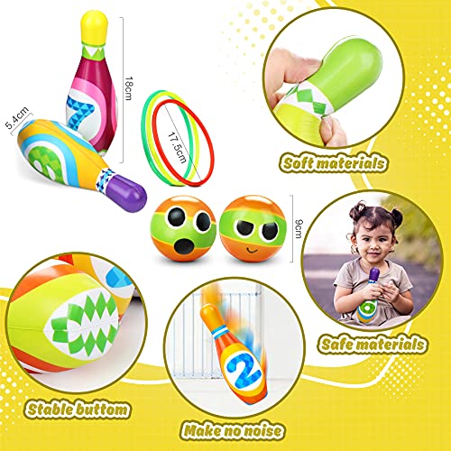 Flyfun Juego de Bolos Infantil con 10 Alfileres 2 Bolas y 3 Anillas, Bolos Infantiles Juguete, Juegos Exteriores para Niños, Juego Educativo Desarrollo Intelectual