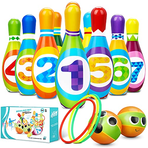 Flyfun Juego de Bolos Infantil con 10 Alfileres 2 Bolas y 3 Anillas, Bolos Infantiles Juguete, Juegos Exteriores para Niños, Juego Educativo Desarrollo Intelectual