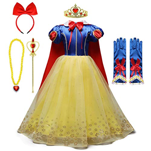 FMYFWY Niñas Vestidos de Blancanieves con Capa Disfraz de Carnaval Princesa Cumpleaños Traje de Halloween Navidad Fiesta de Cosplay Ceremonia Aniversario Bautizo Comunión Boda + Accesorios 3-4