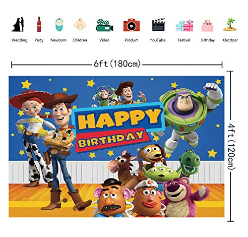 Fondo de fondo de historieta para niños y niños, decoración de tarta de cumpleaños, cielo estrellado, Woody and Buzz, banner de fotografía de cumpleaños, 6 x 4 pies