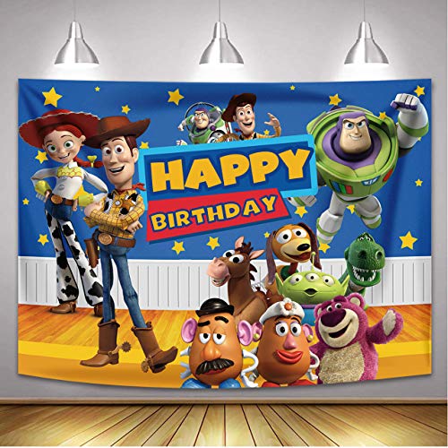 Fondo de fondo de historieta para niños y niños, decoración de tarta de cumpleaños, cielo estrellado, Woody and Buzz, banner de fotografía de cumpleaños, 6 x 4 pies