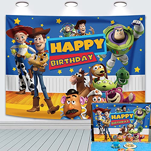 Fondo de fondo de historieta para niños y niños, decoración de tarta de cumpleaños, cielo estrellado, Woody and Buzz, banner de fotografía de cumpleaños, 6 x 4 pies