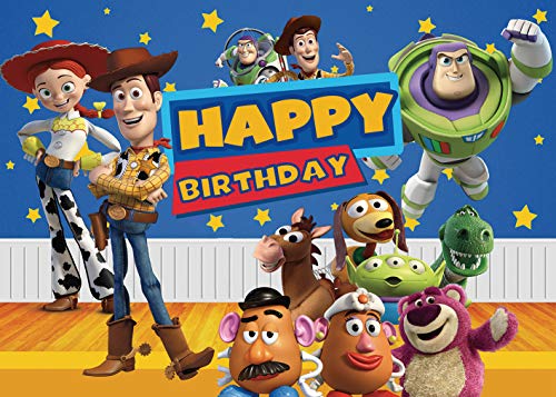 Fondo de fondo de historieta para niños y niños, decoración de tarta de cumpleaños, cielo estrellado, Woody and Buzz, banner de fotografía de cumpleaños, 6 x 4 pies