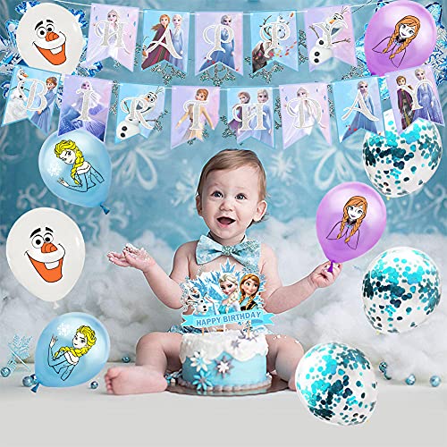 Frozen Cumpleaños Decoración, 34 Pcs Party Supplies, Juego de Suministros para Fiestas de Cumpleaños para niños, Globo Feliz Cumpleaños Banner Cupcake Topper Decoraciones