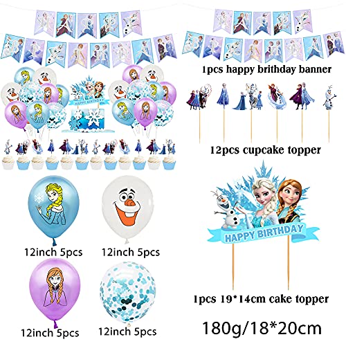 Frozen Cumpleaños Decoración, 34 Pcs Party Supplies, Juego de Suministros para Fiestas de Cumpleaños para niños, Globo Feliz Cumpleaños Banner Cupcake Topper Decoraciones