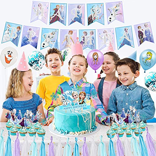 Frozen Cumpleaños Decoración, 34 Pcs Party Supplies, Juego de Suministros para Fiestas de Cumpleaños para niños, Globo Feliz Cumpleaños Banner Cupcake Topper Decoraciones