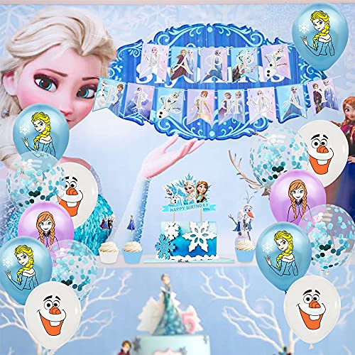 Frozen Cumpleaños Decoración, 34 Pcs Party Supplies, Juego de Suministros para Fiestas de Cumpleaños para niños, Globo Feliz Cumpleaños Banner Cupcake Topper Decoraciones